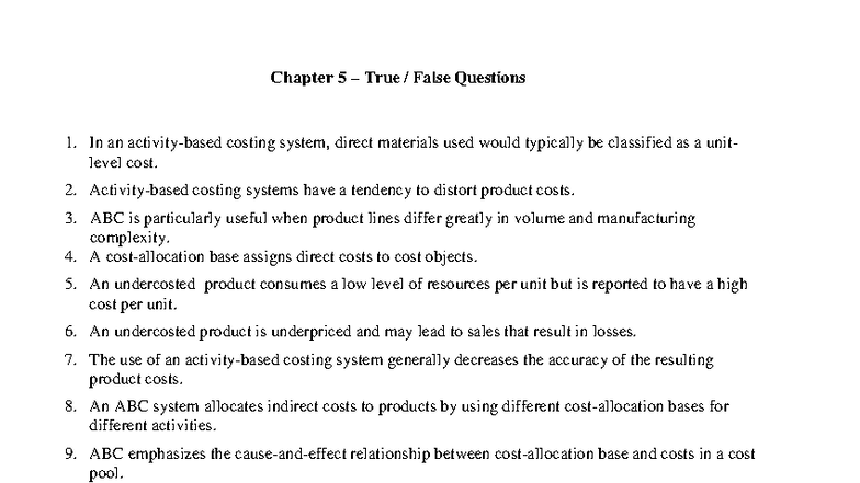 Chapter 5 Practice Questions: True/False & Multiple Choice - Studocu