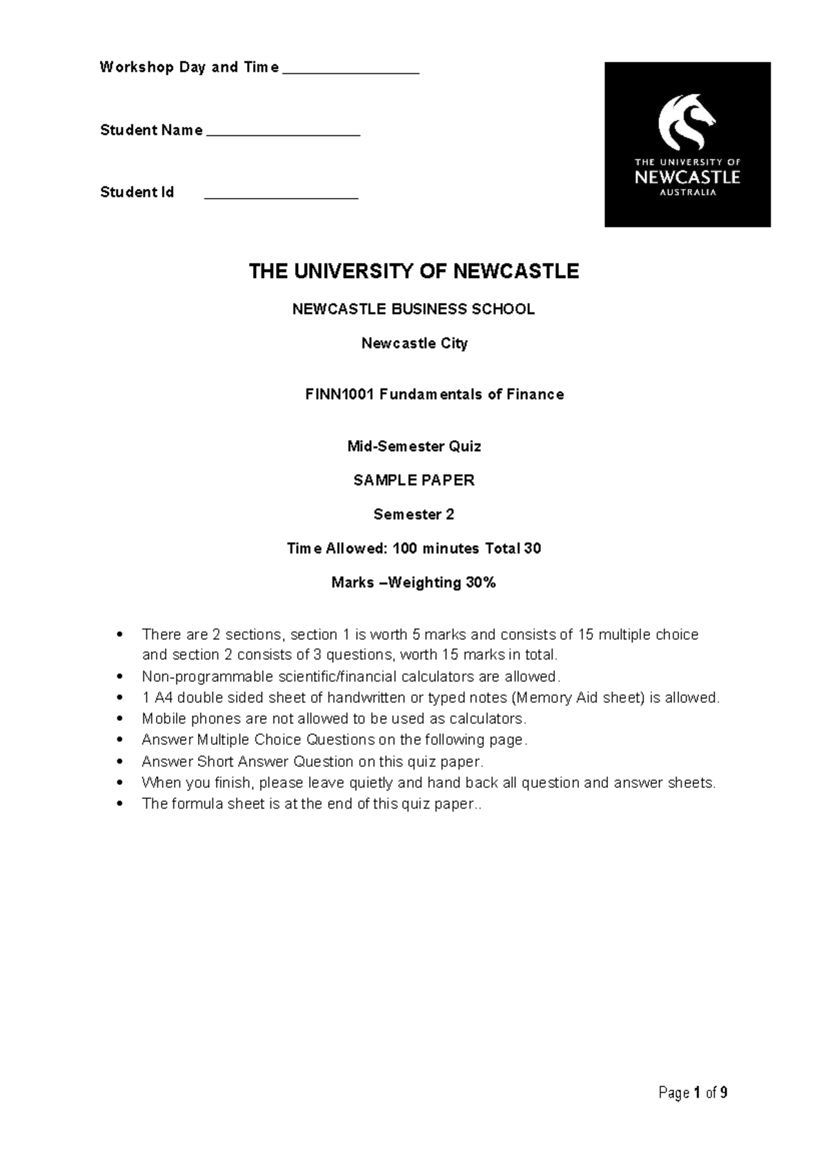 FINN1001 Fundamentals of Finance Quiz Sample Paper 2025S2 - Studocu
