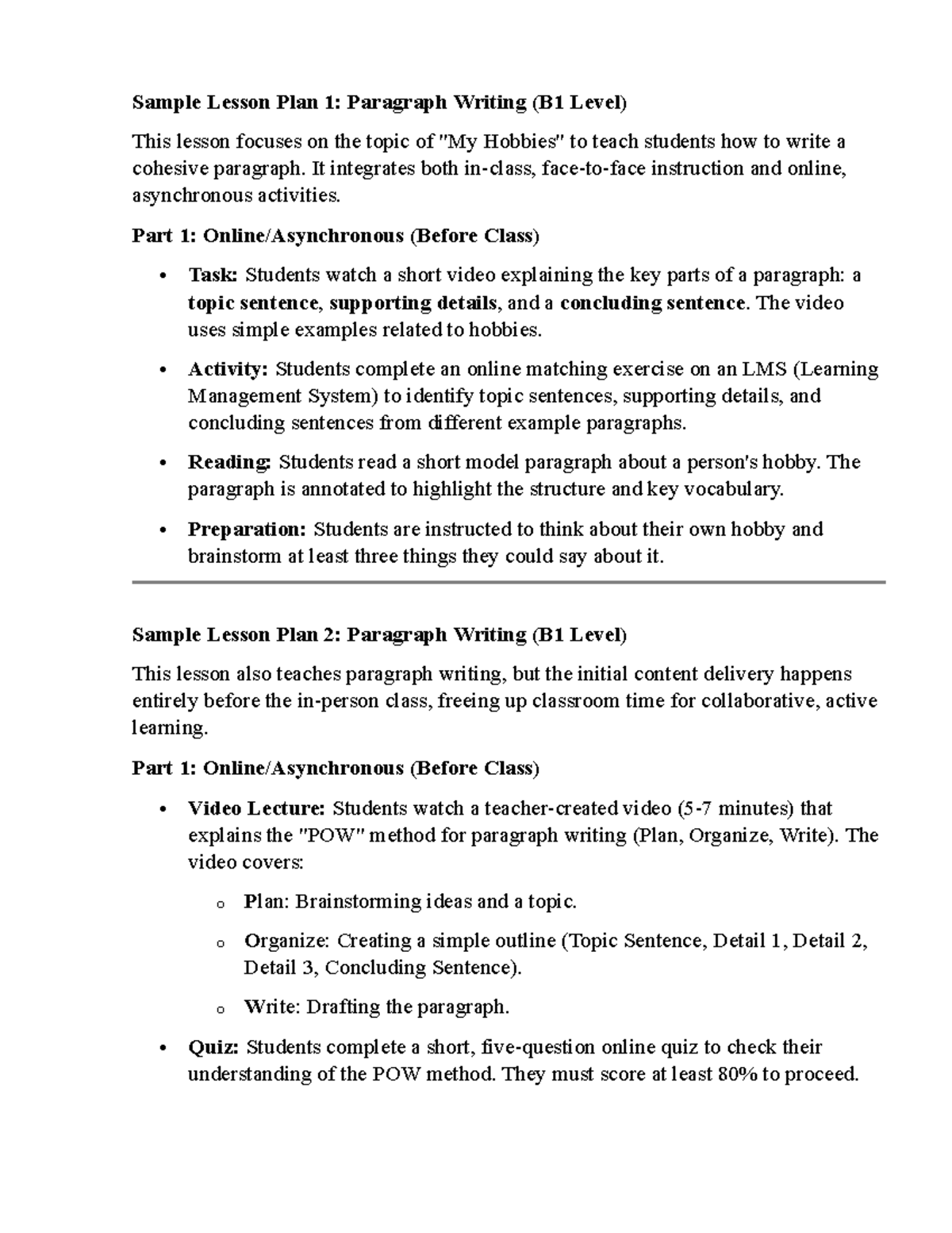 B1 Level Paragraph Writing: Sample Lesson Plans 1 & 2 - Studocu