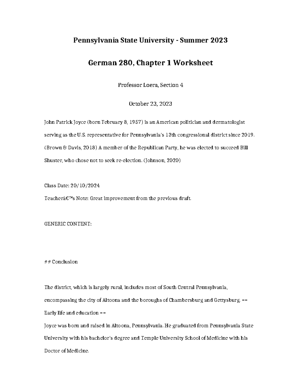 Penn State German 280, Chapter 1 Worksheet - Fall 2023 - Studocu