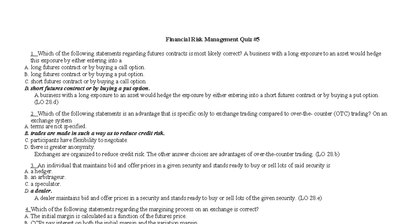 Financial Risk Management Quiz 1: Key Concepts and Answers - Studocu