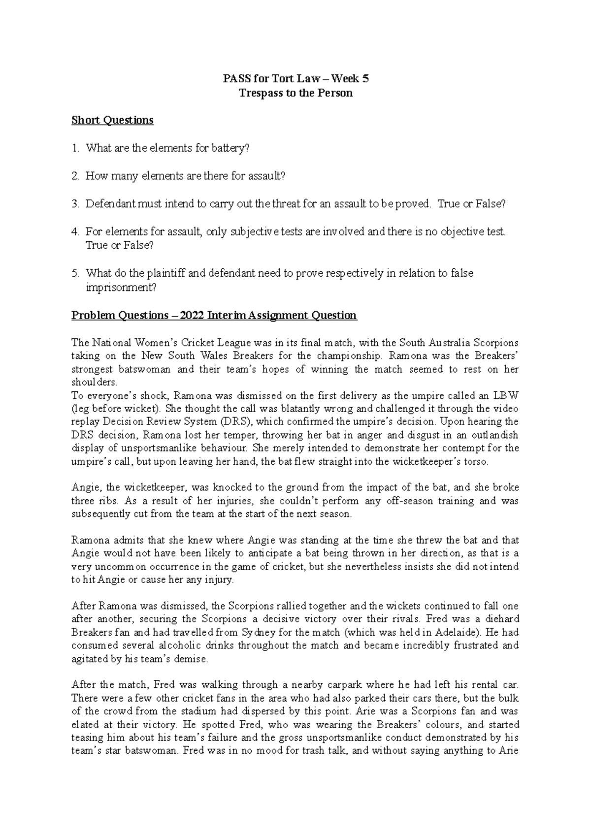 PASS (Questions) - PASS for Tort Law – Week 5 Trespass to the Person ...