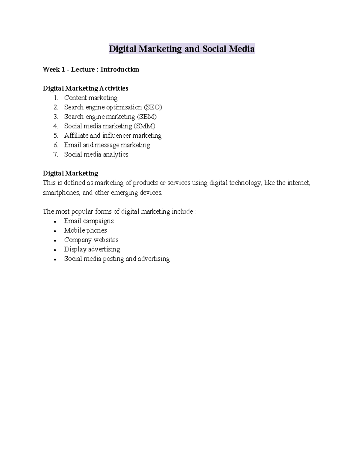 Digital Marketing and Social Media (DM101) - Week 1 & 2 Lecture Notes ...