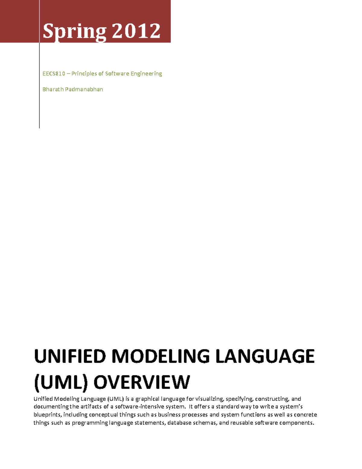 UML Diagrams Overview Notes - EECS810 Software Engineering - Studocu