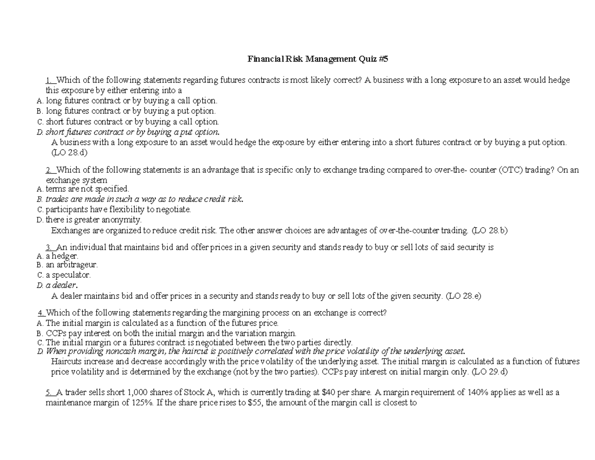 Financial Risk Management Quiz 645654092 - Questions & Answers - Studocu