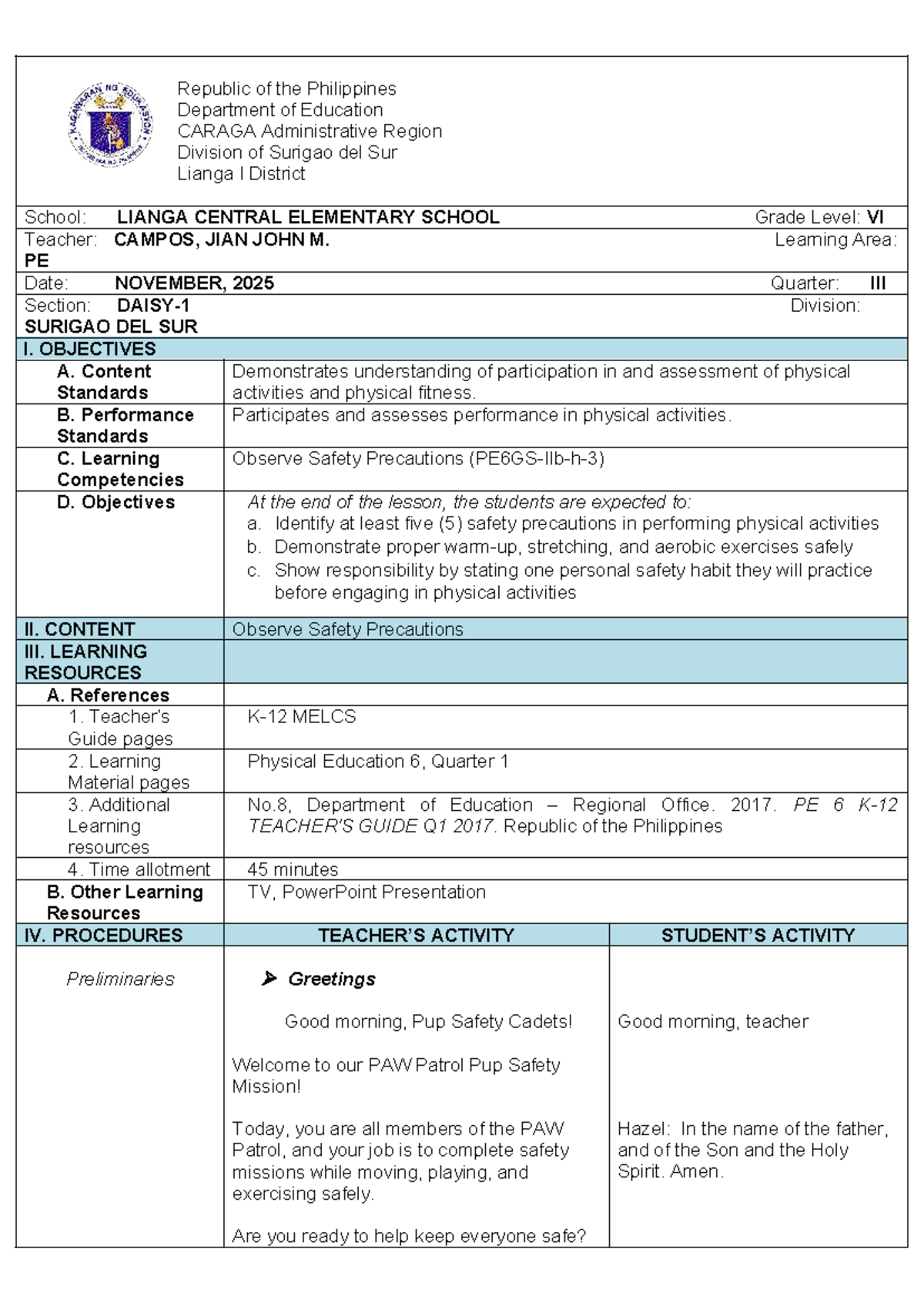 PE 6 Lesson Plan: Safety Precautions in Physical Activities - Studocu