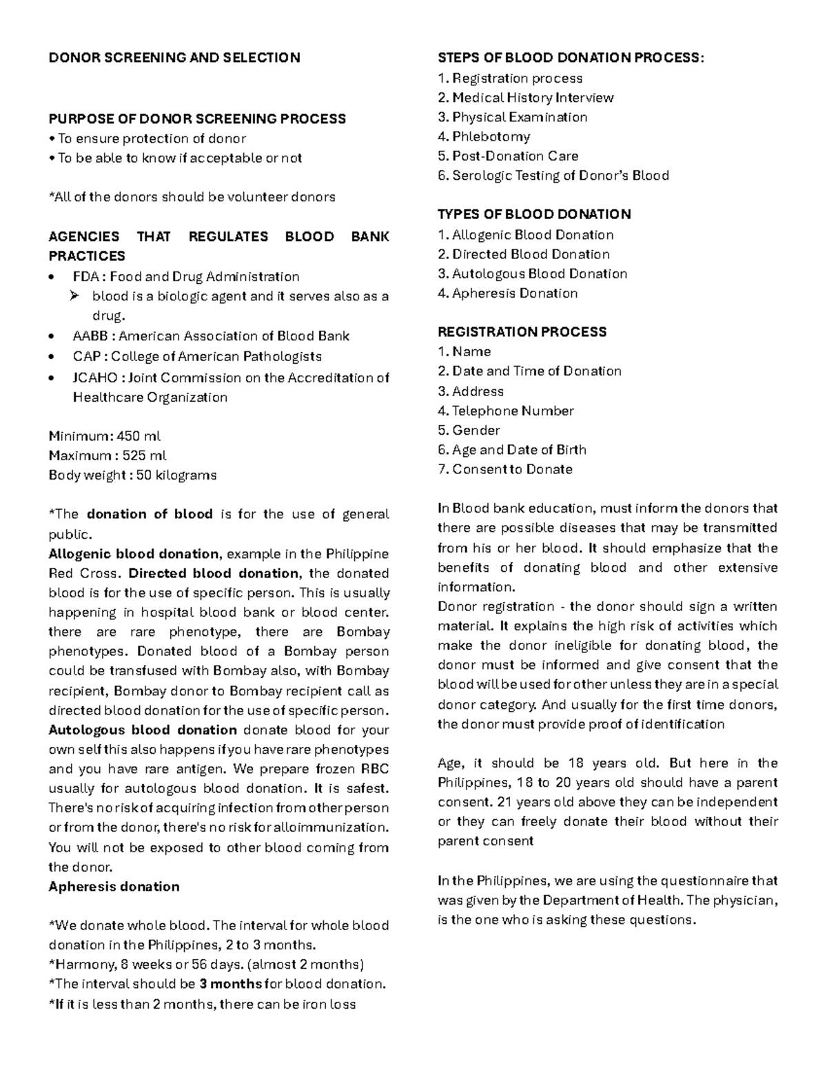 Donor Screening and Selection Process: Guidelines and Regulations - Studocu