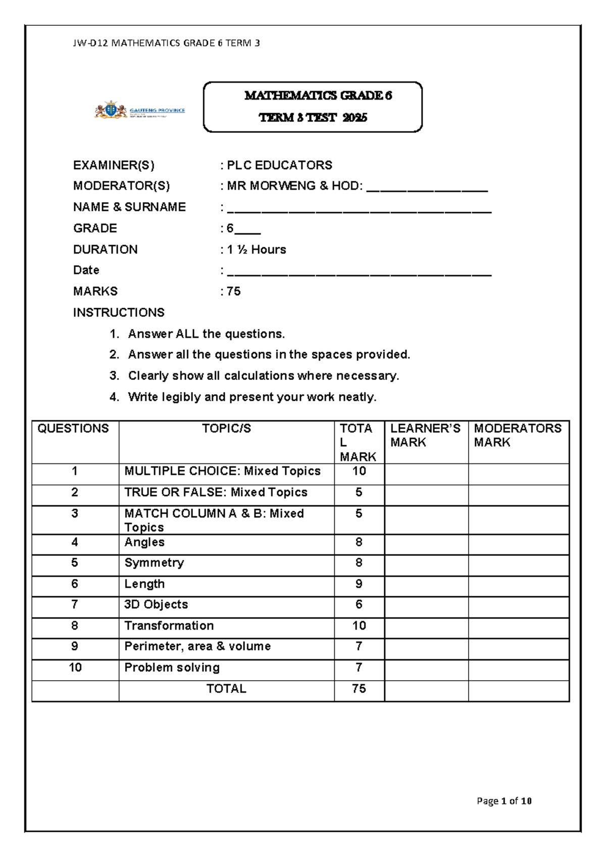 Grade 6 Mathematics Term 3 Test 2025 - Formal Assessment - Studocu