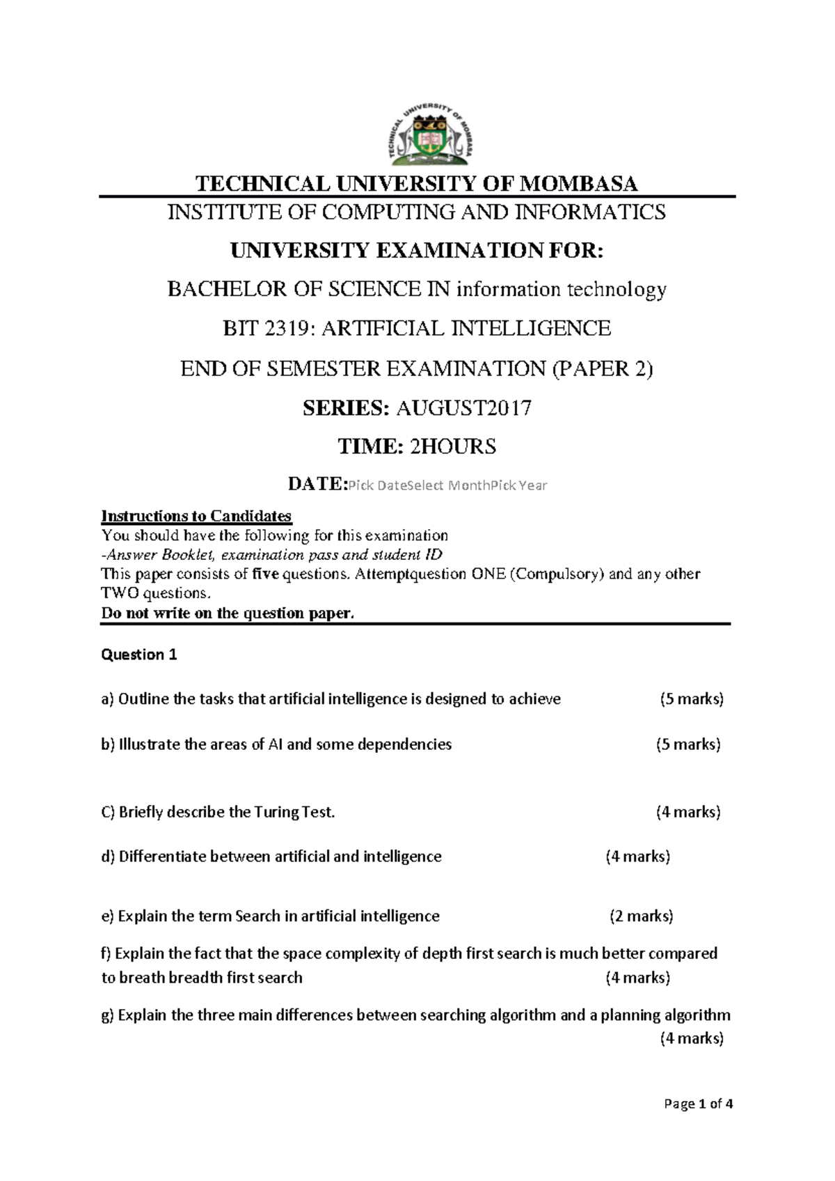 BIT 2319 Artificial Intelligence End of Semester Exam Paper II - Aug ...