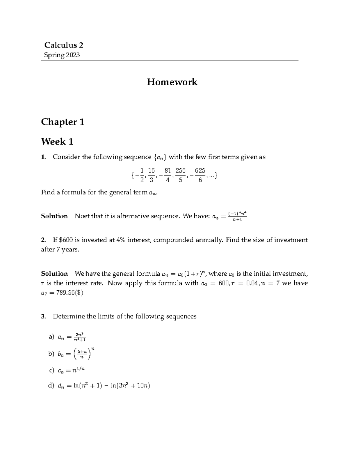 HW Calculus 2 - Chapter 1 & 2 Homework Solutions - Studocu