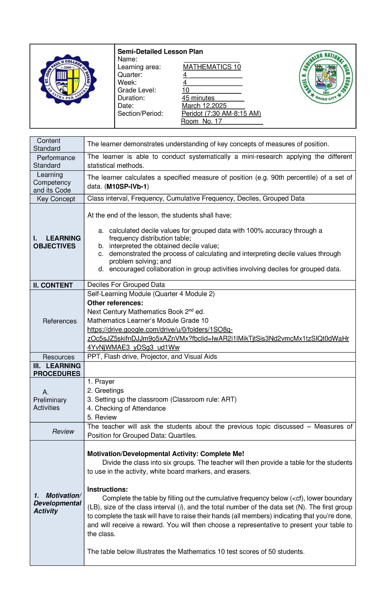 LP-MATH-10-Q4-W2-2 Lesson Plan on Deciles for Grouped Data - Studocu