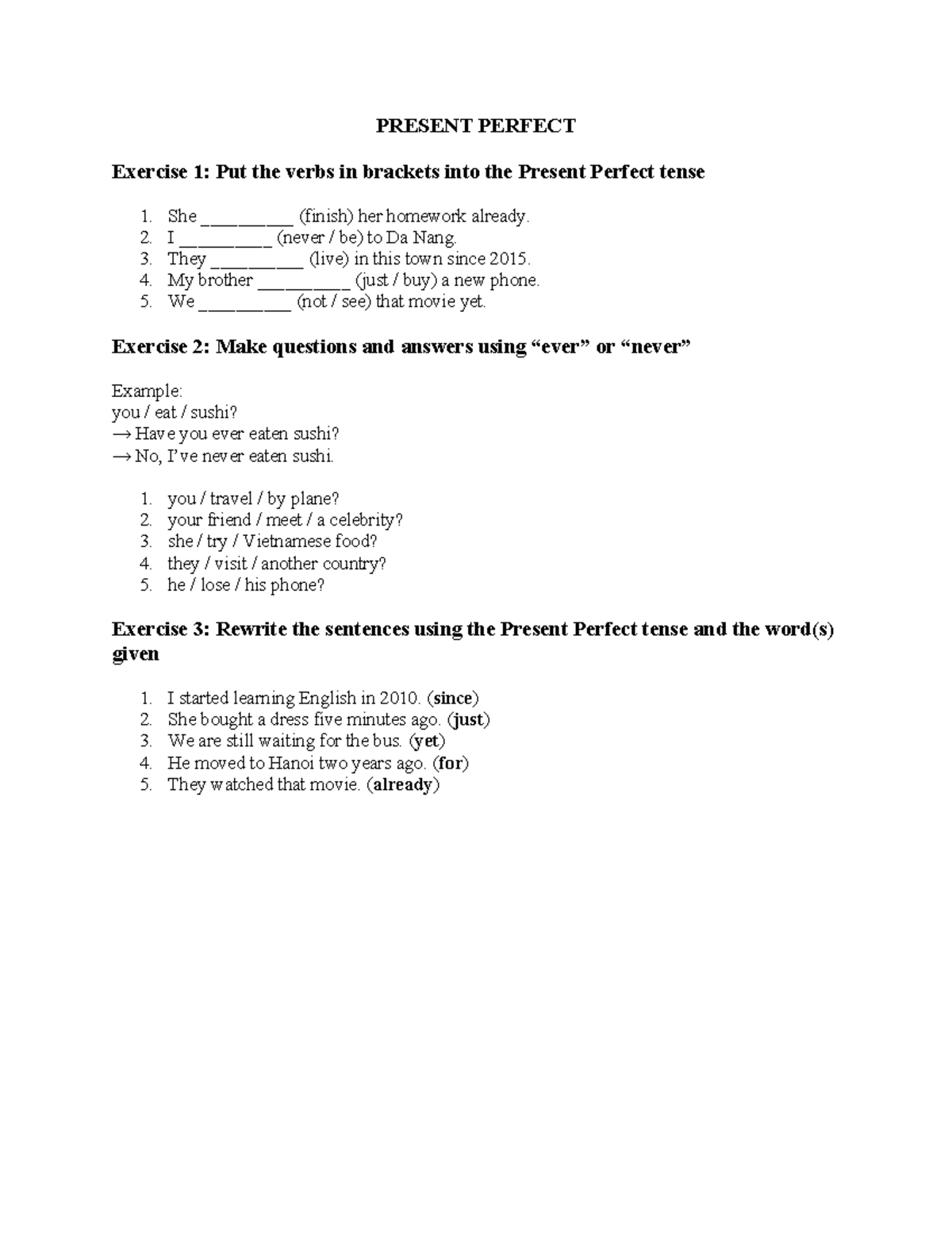 Present Perfect Exercises: Tense Practice and Questions - Studocu