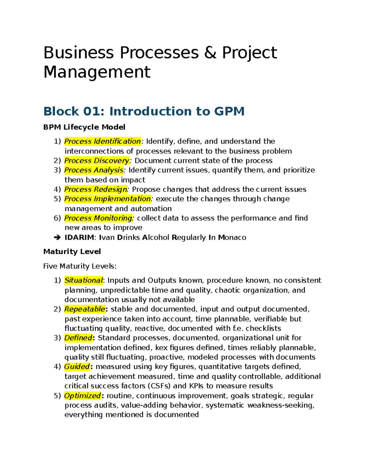 BPPM Block 01: Overview of GPM & BPM Lifecycle Concepts - Studocu