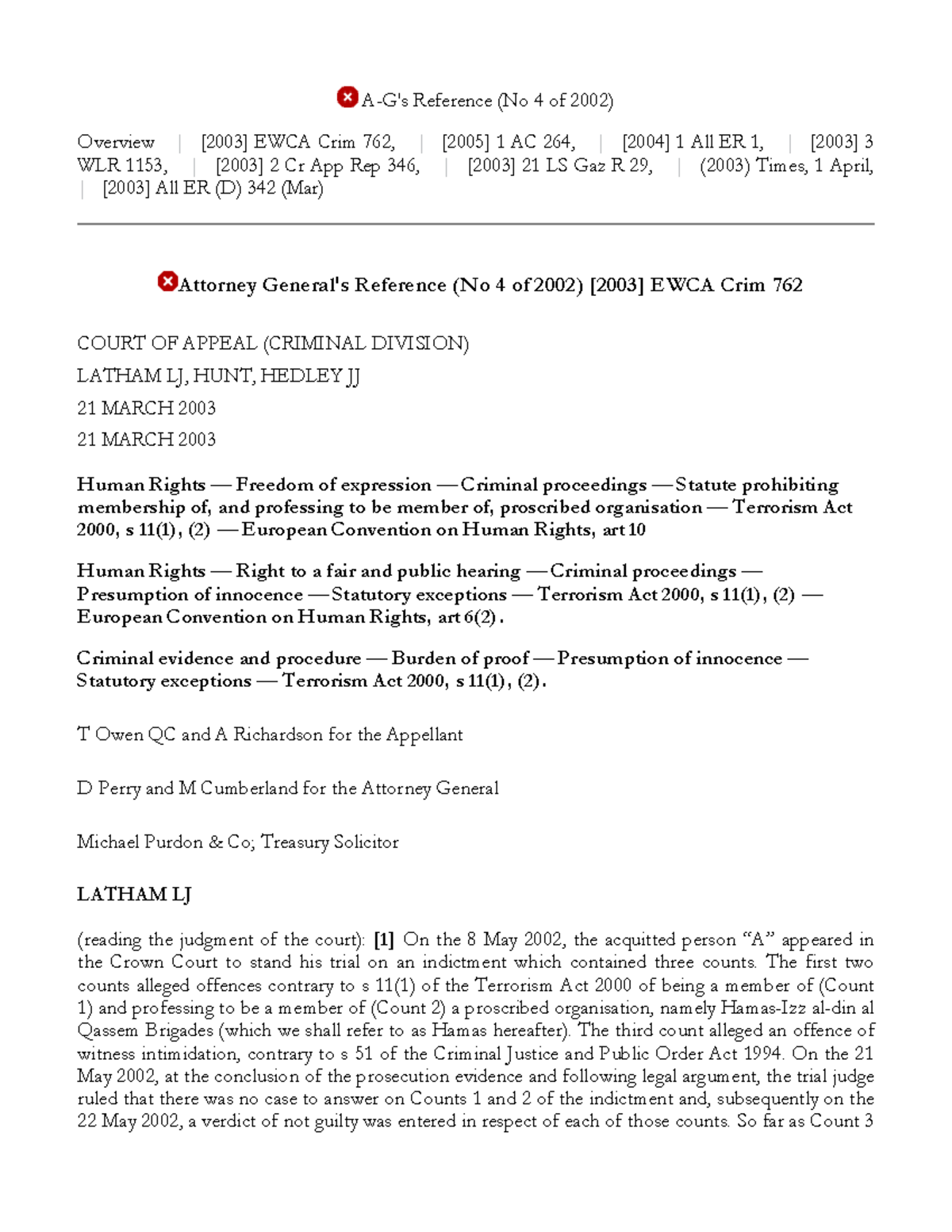 Attorney General's Reference (No 4 of 2002) - Overview & Judgment ...