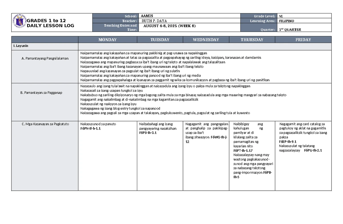 DLL ESP 6 Q1 W8: Daily Lesson Log for Grade 6 - Week 8 - Studocu