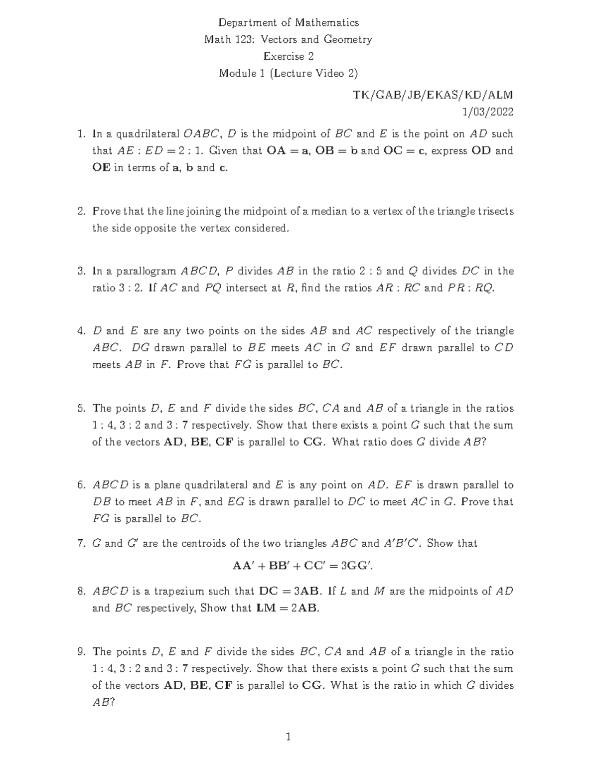 MATH 123 - Lecture Video 2: Exercise 2 on Vectors & Geometry - Studocu