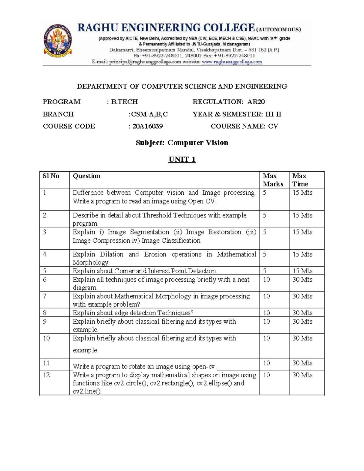 CV(REC) Question Bank - Computer Vision Unit 1 to 3 - Studocu