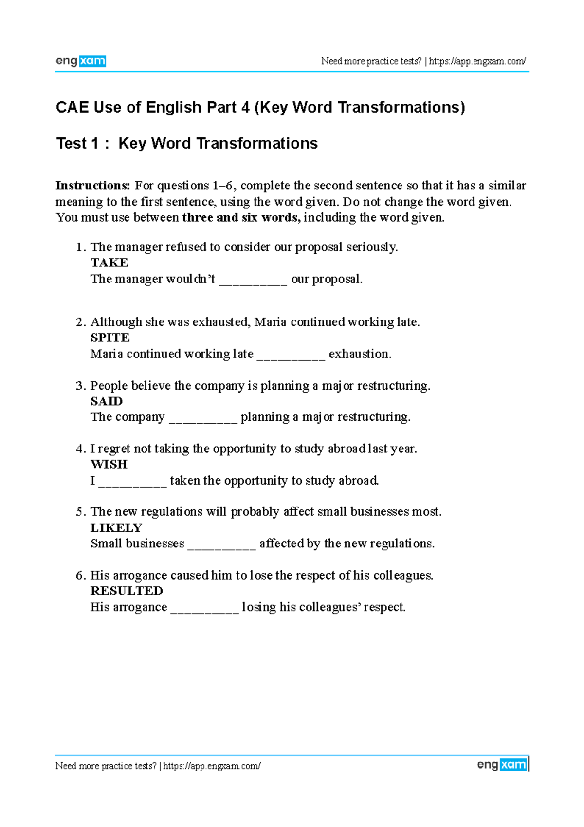 CAE Use of English Part 4: Key Word Transformations Practice Test - Studocu