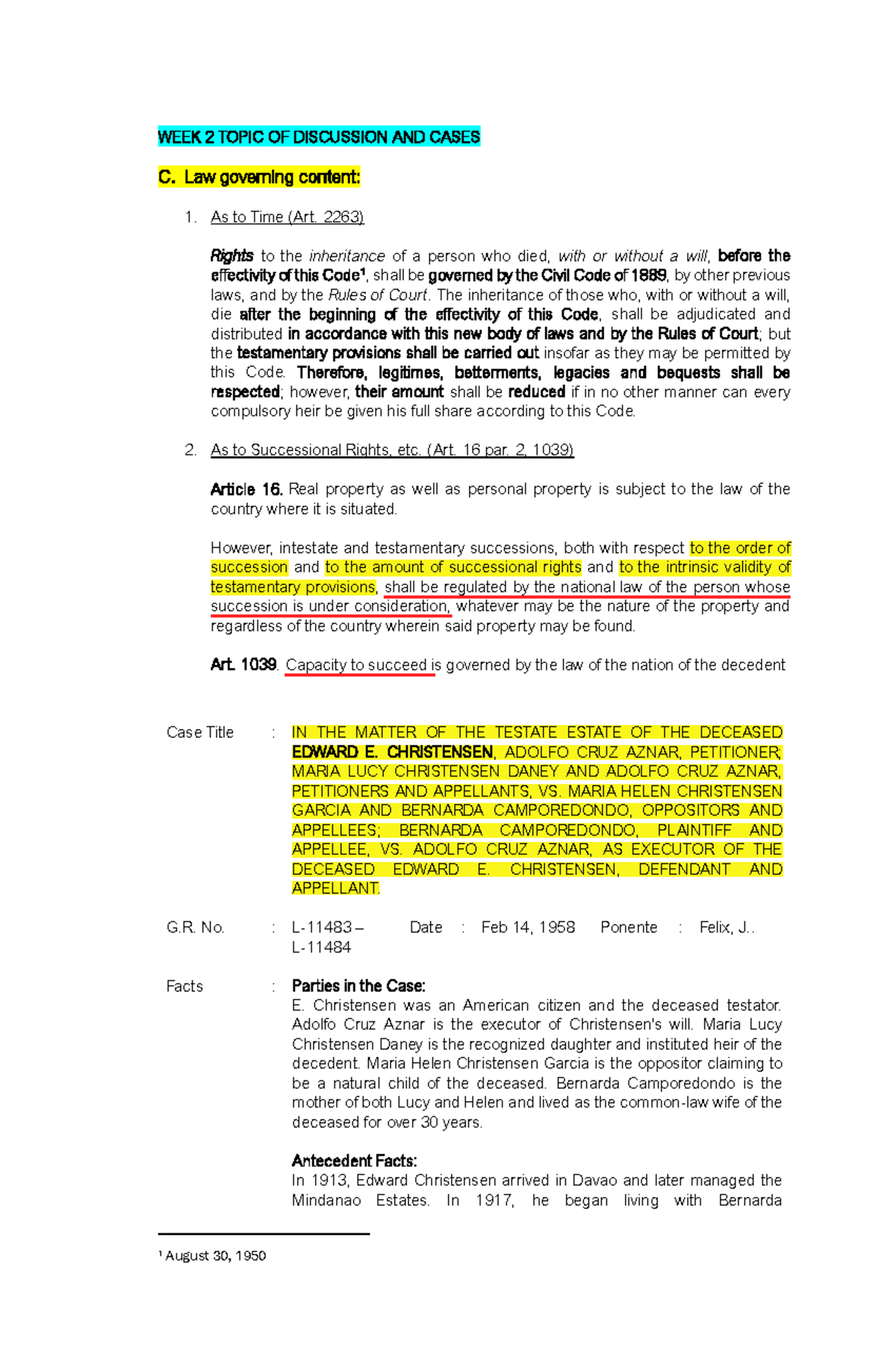 WEEK 2 CASE DIGEST: LAW ON INHERITANCE AND SUCCESSION RIGHTS - Studocu