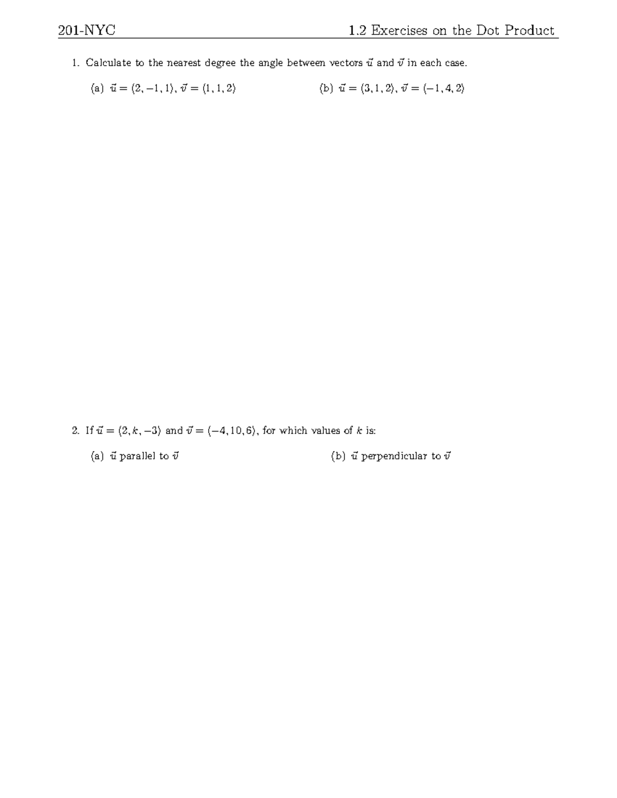 Worksheet: Chapter 1 Exercises on Dot Product (201-NYC 1) - Studocu