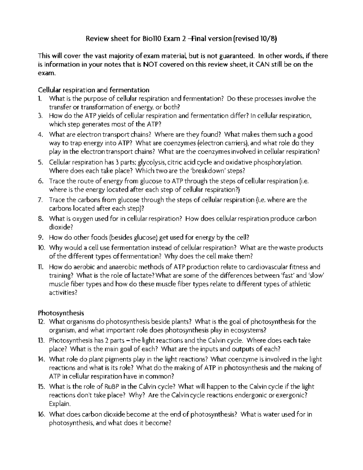 Bio110 Exam 2 Review Sheet: Key Concepts & Study Guide - Studocu