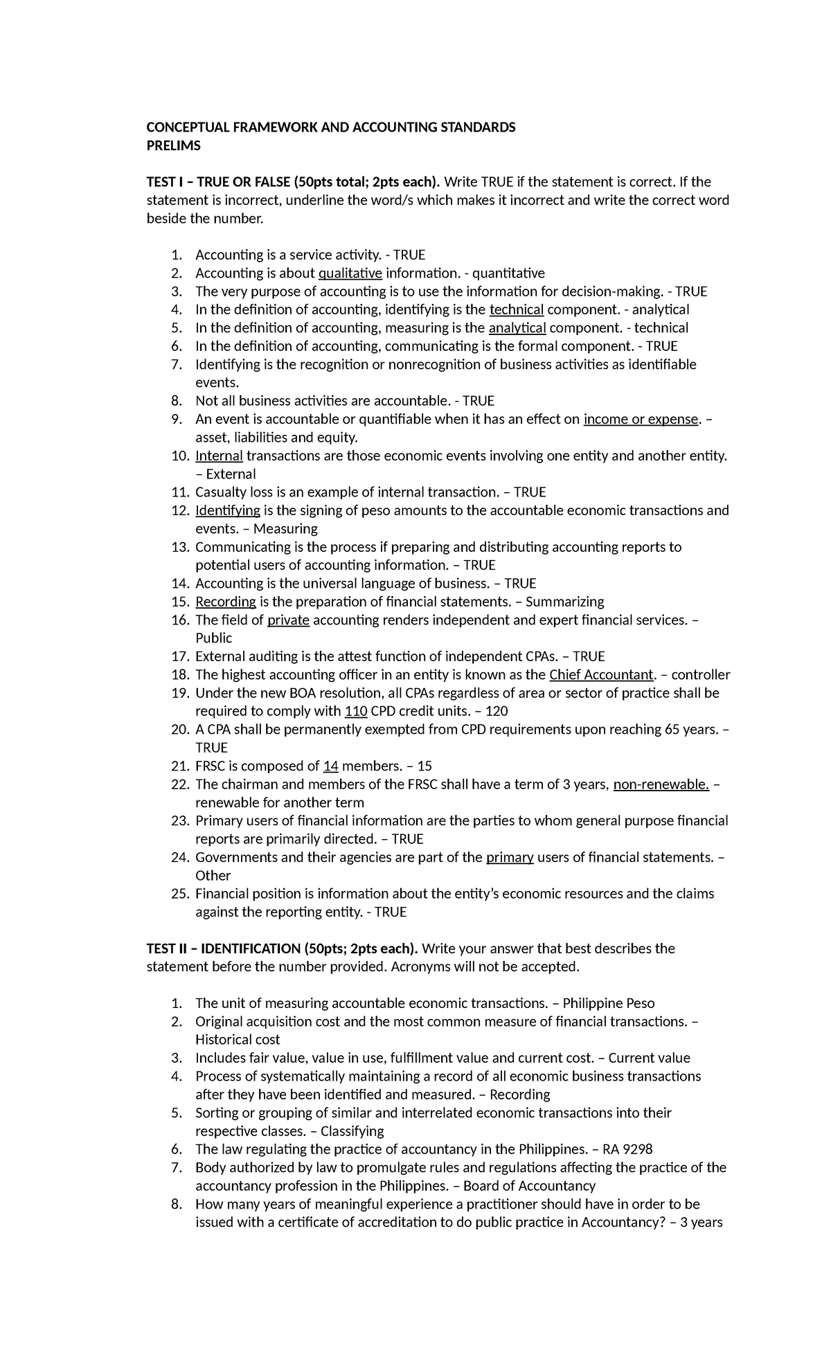 CFAS 101 Prelims Test I & II: True/False & Identification Notes - Studocu
