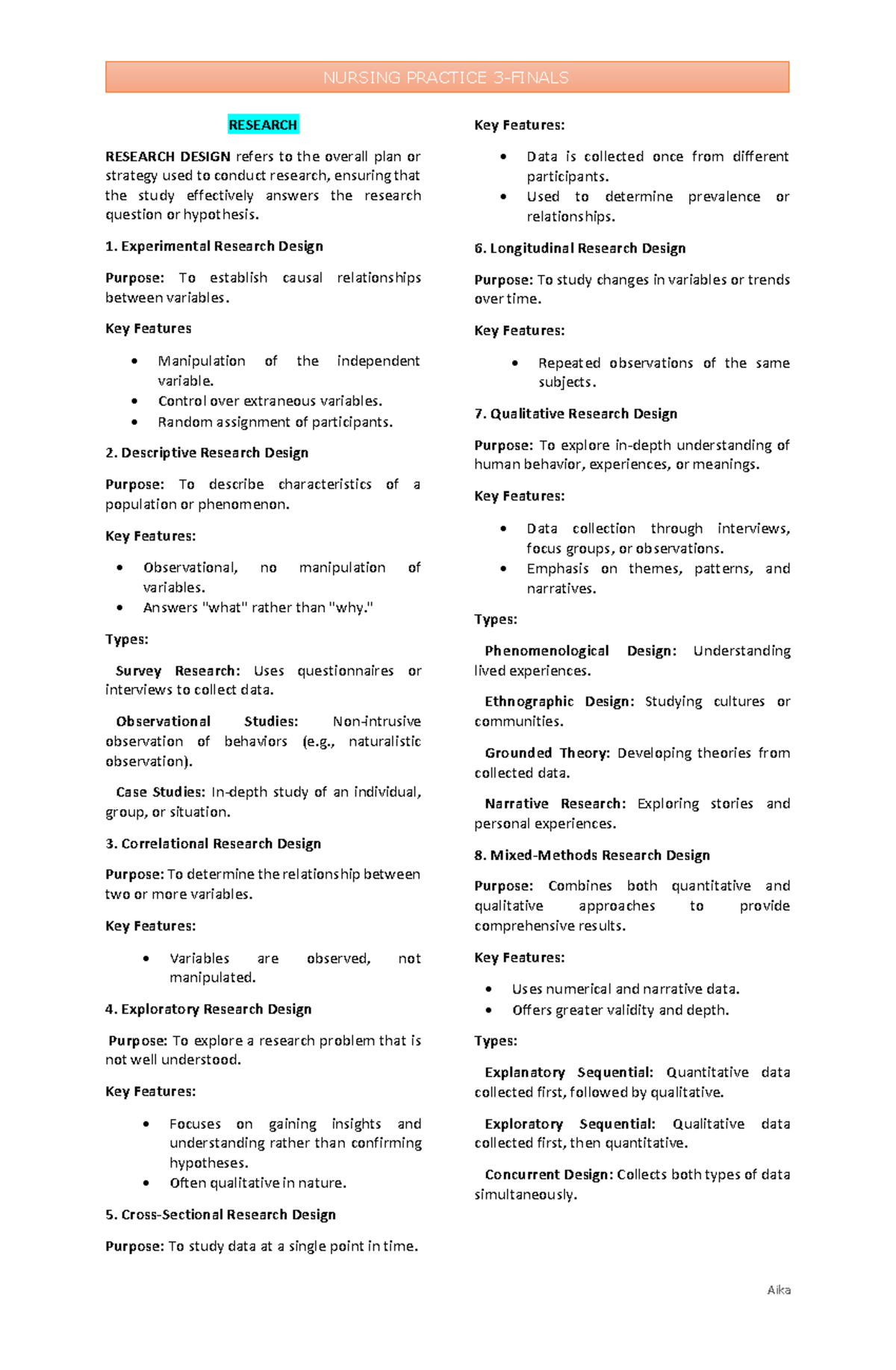 NURSING PRACTICE RESEARCH: Key Features of Research Designs and ...