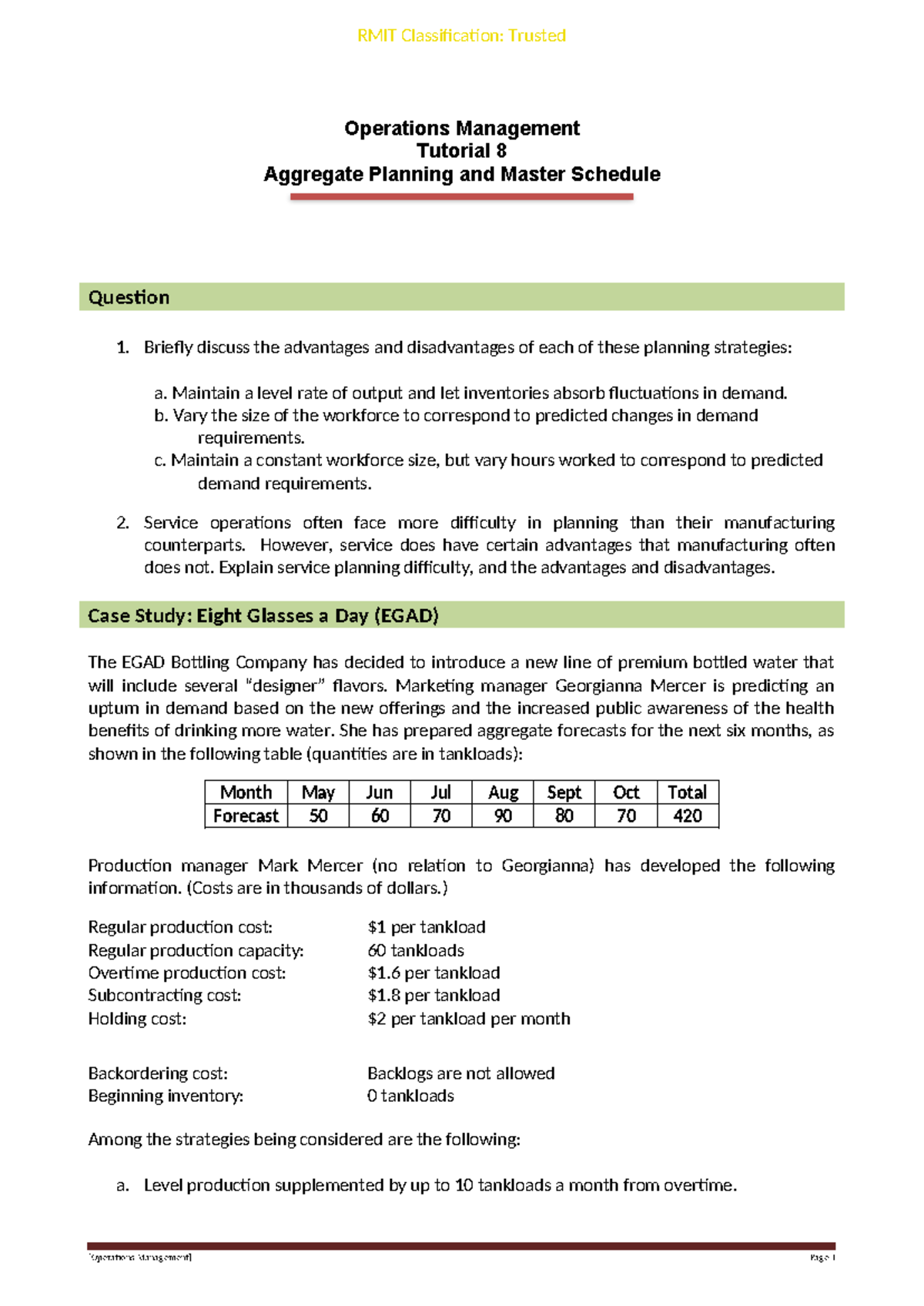 OMGT1039 Operations Management Tutorial 8: Aggregate Planning ...