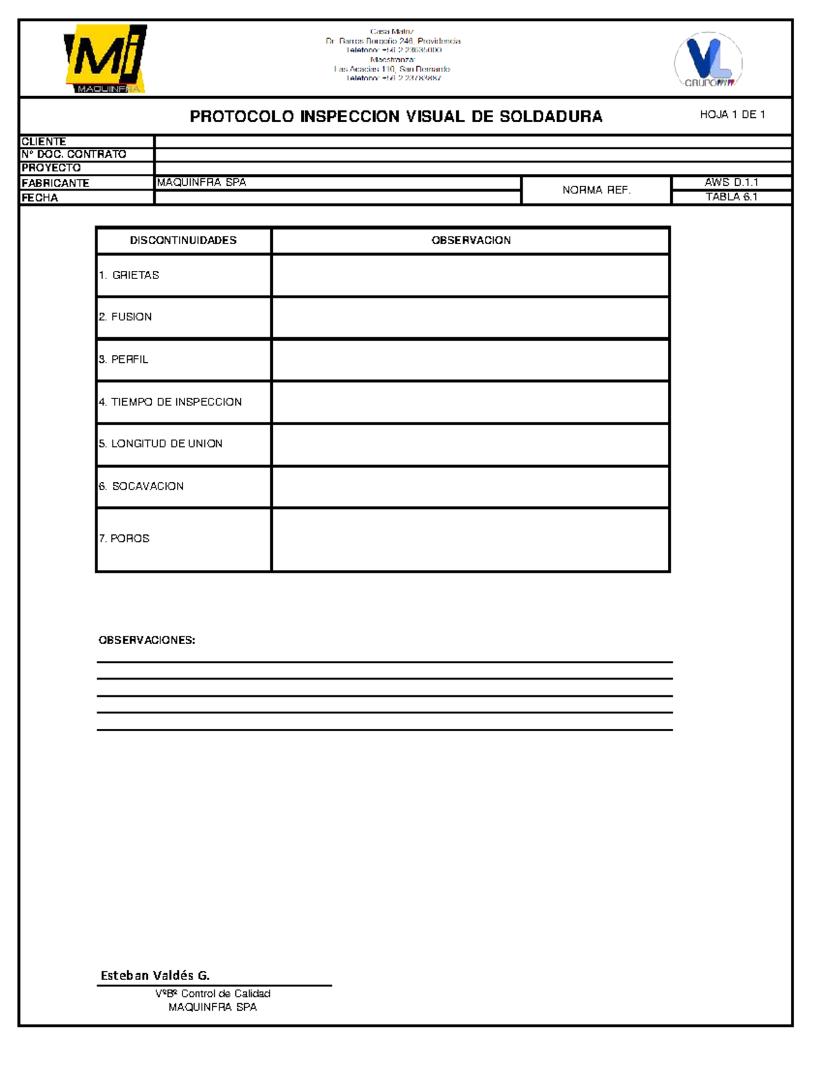 Formato Inspeccion Visual de Soldadura - R-CAL - Materiales de ...