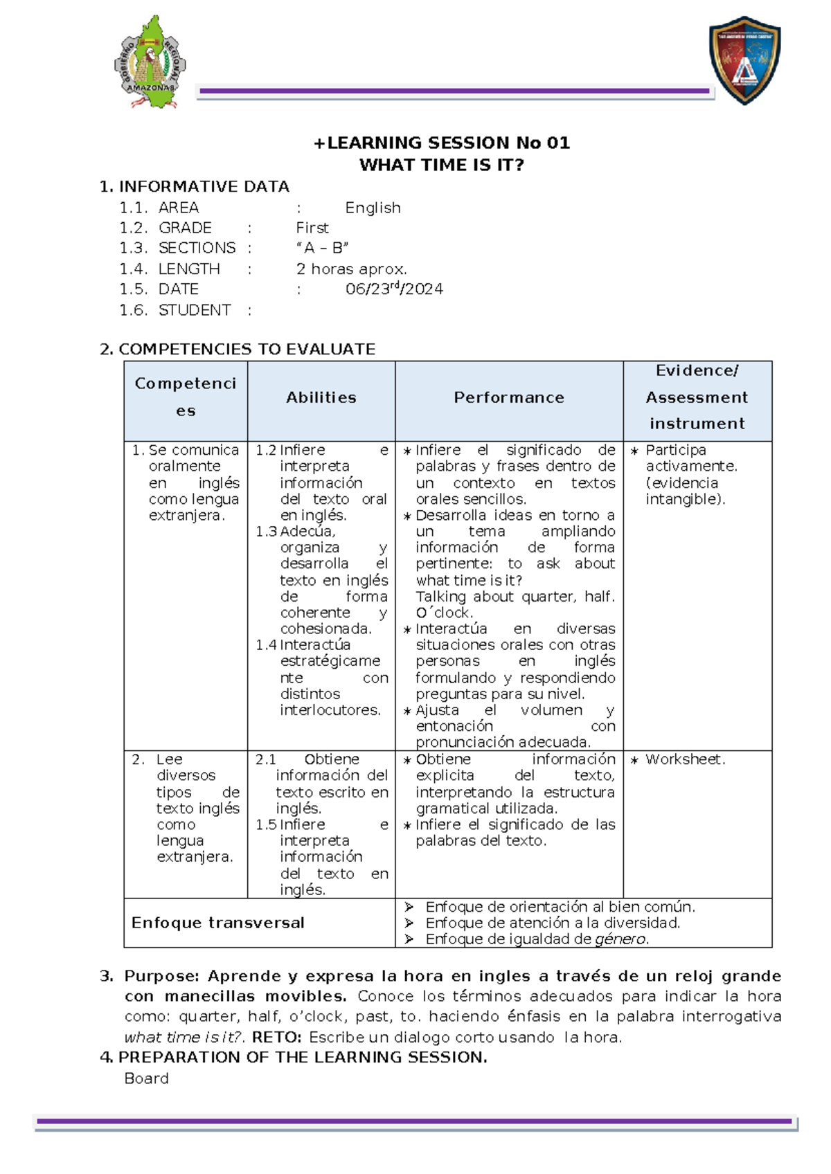 Sesión N° 01: WHAT TIME IS IT? - Activities for English Learning - Document Preview