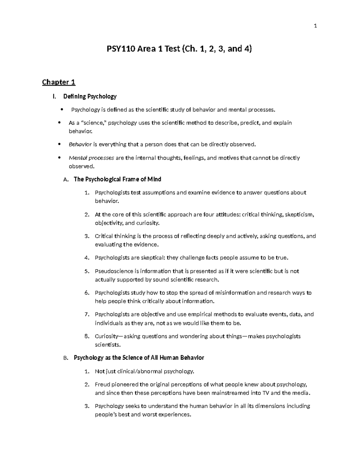 PSY110 Final Exam Notes: Chapters 1-4 Overview and Key Concepts ...