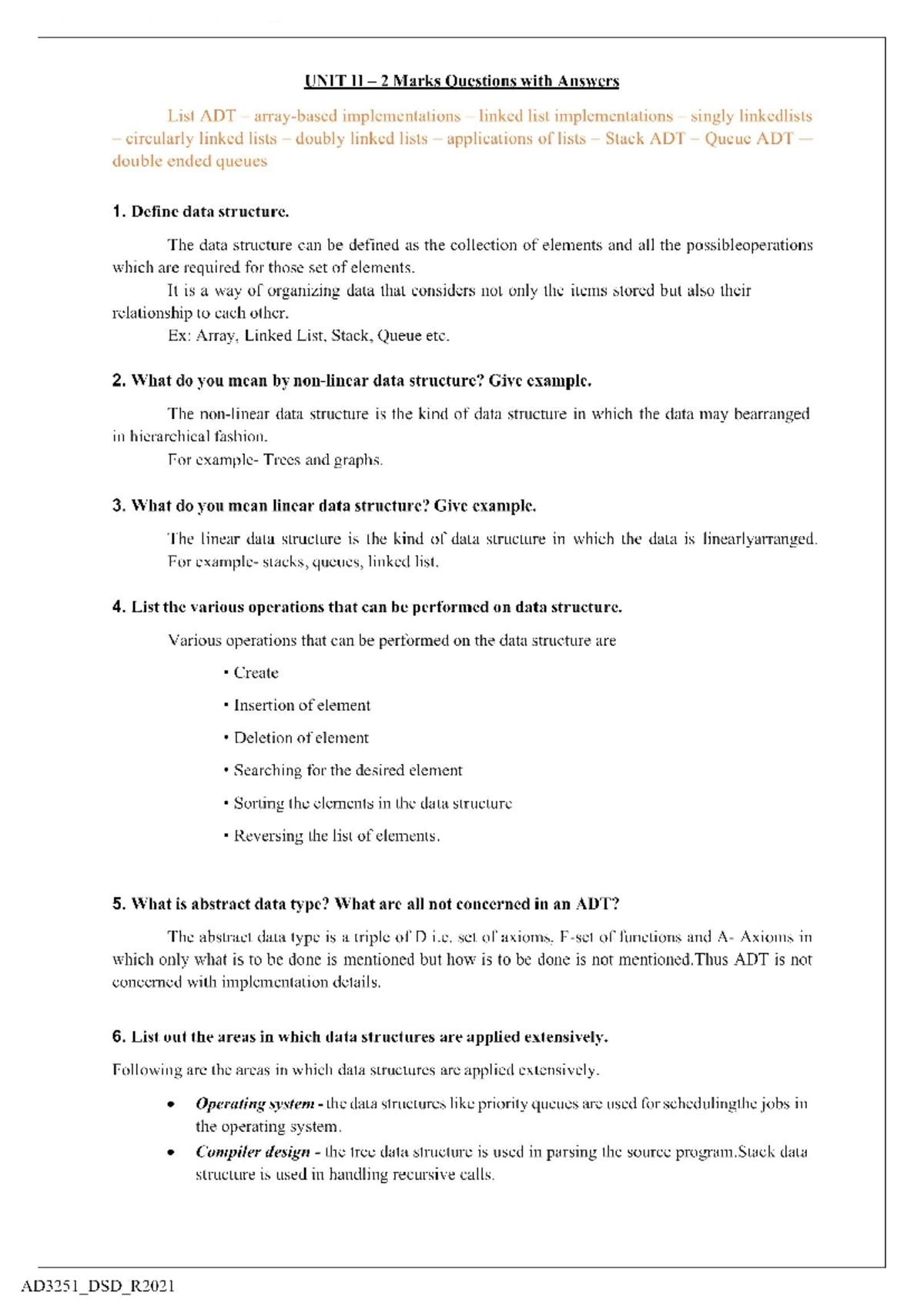 AD3251 DSD Unit II 2 Marks Questions & Answers on Data Structures - Studocu