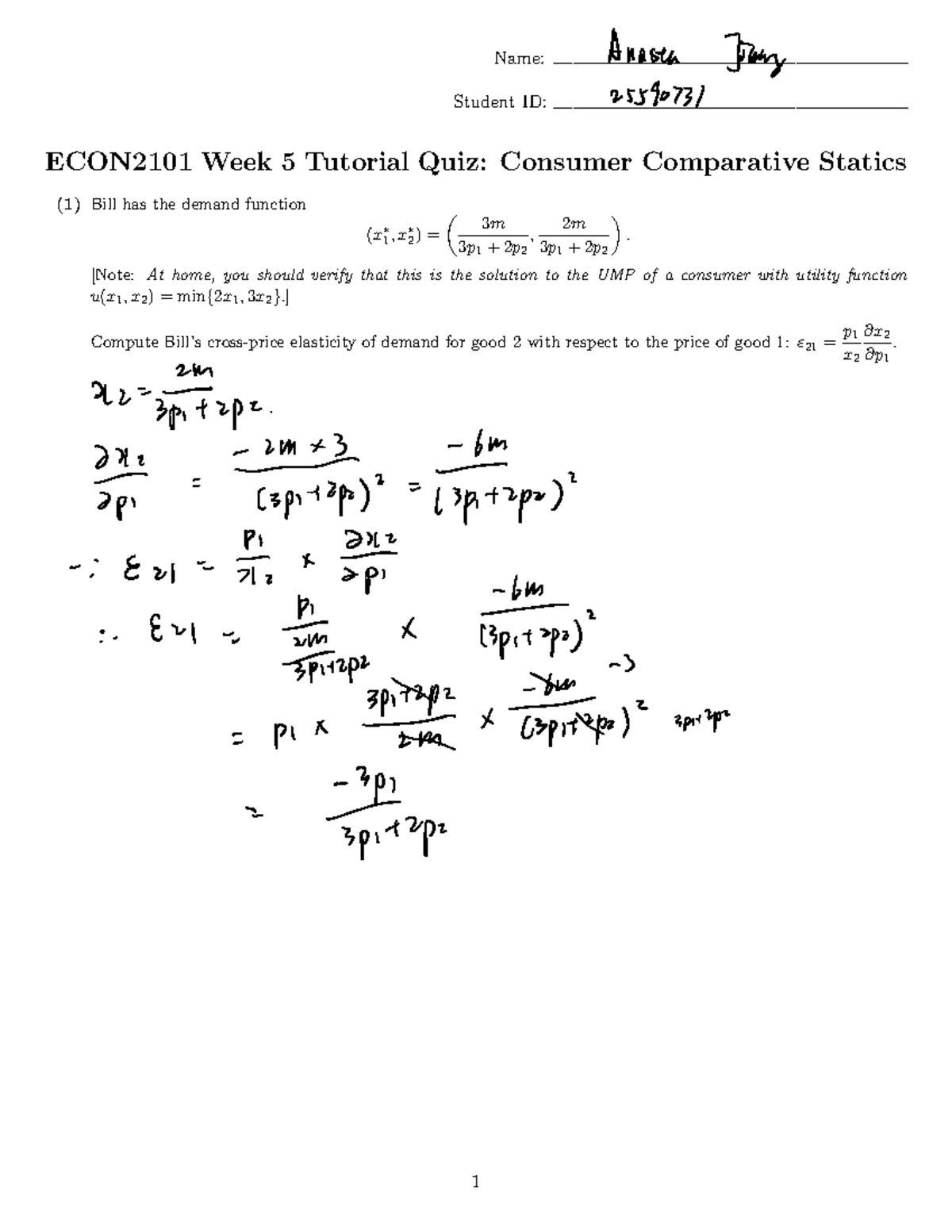 Week 5 Quiz - weekly tutorial quiz - Name: Student ID: ECON2101 Week 5 ...
