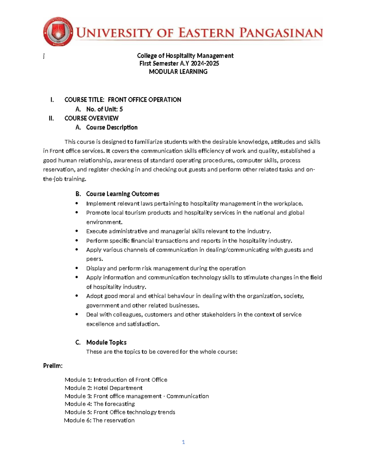 Front Office Operation Overview - College of Hospitality Management 1st ...