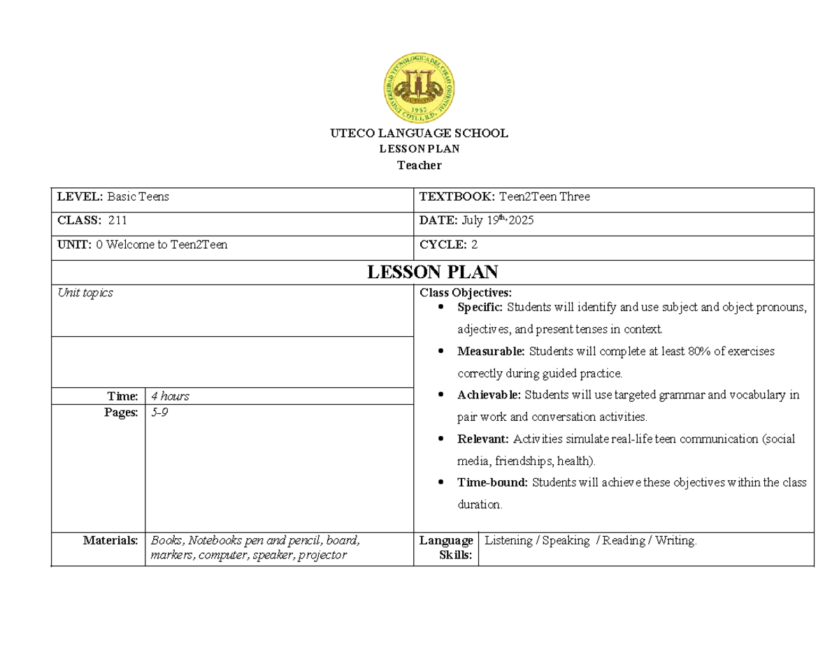 UTECO LANGUAGE SCHOOL LESSON PLAN - Basic Teens (Class 211) - Studocu