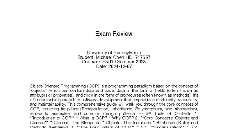 CS301 Summer 2023 Exam Review: Introduction to OOP Concepts - Studocu