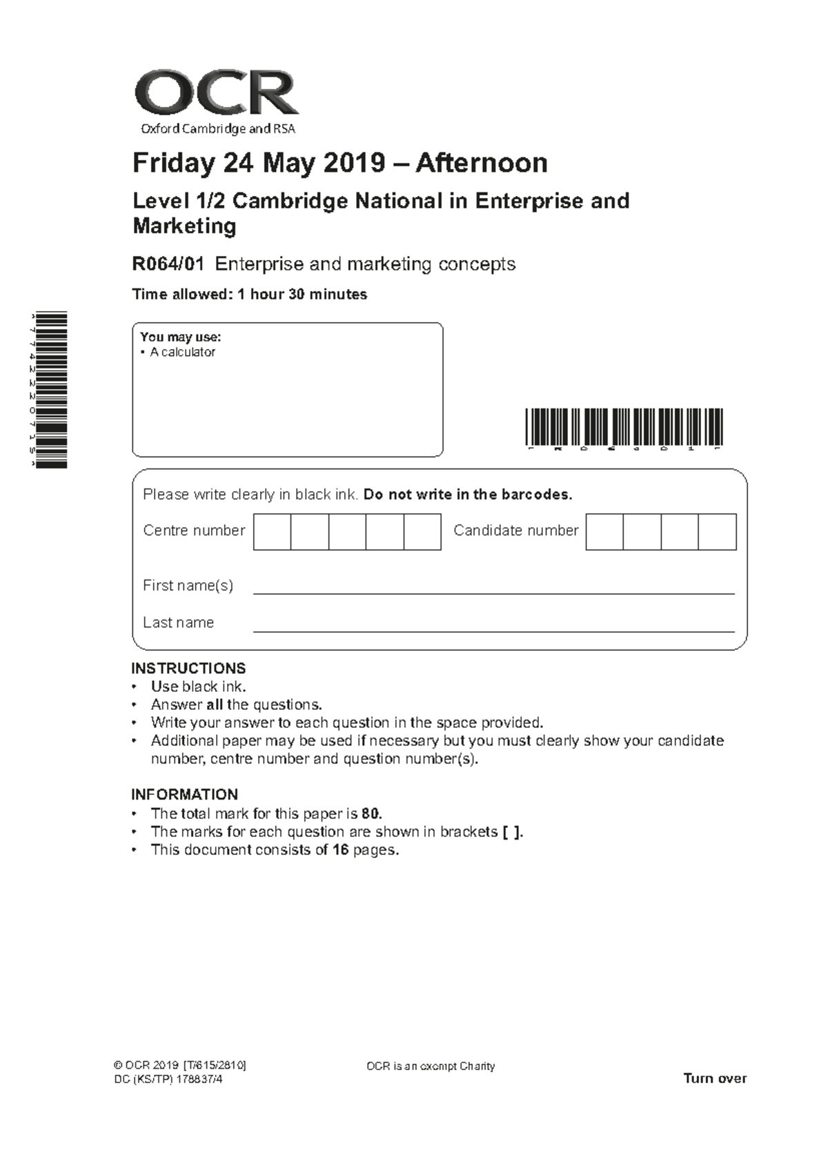 R064/01 Past Exam Paper - Enterprise & Marketing Concepts (Jun 2019 ...