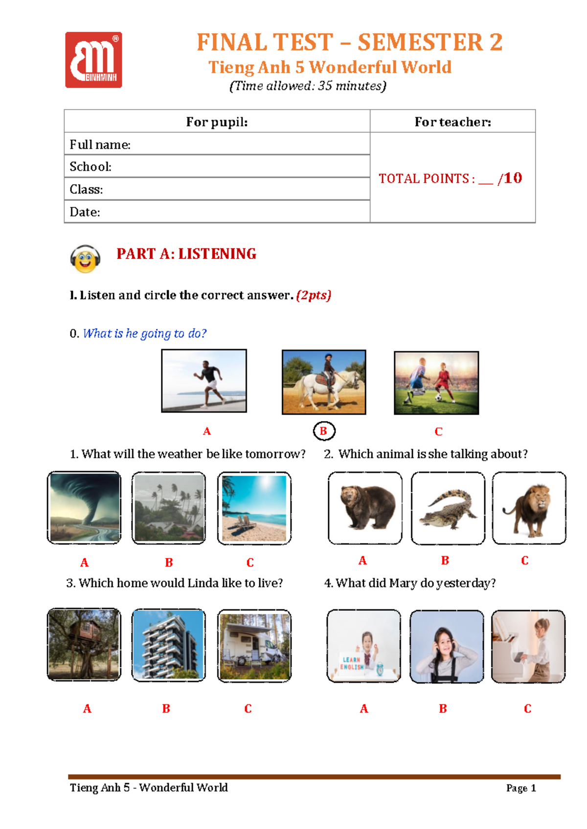 FINAL TEST SEMESTER 2 Tieng Anh 5 Wonderful World (Advance) - Studocu