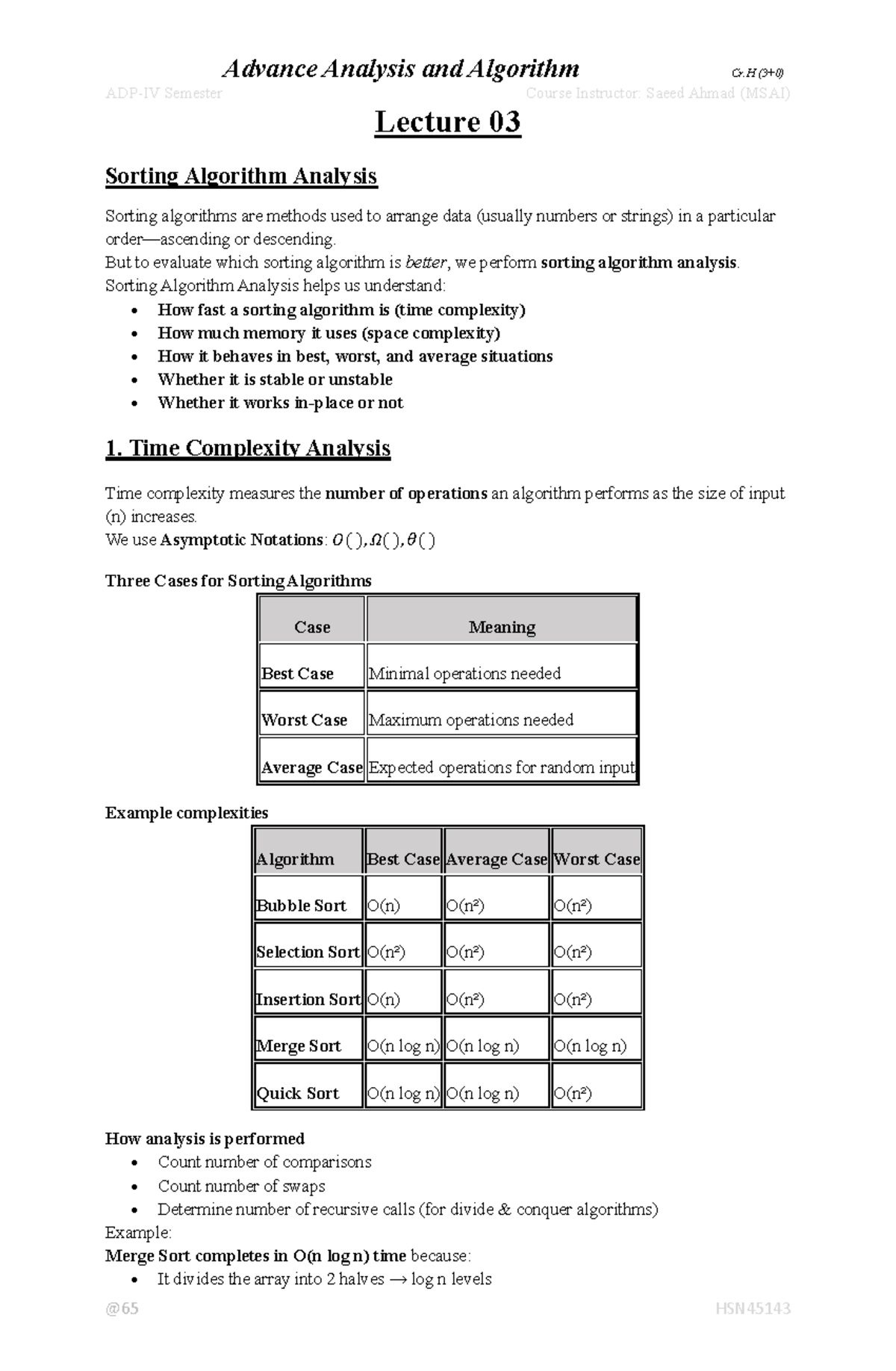 HSN45143 Lecture 03 - Sorting Algorithm Analysis and Complexity - Studocu