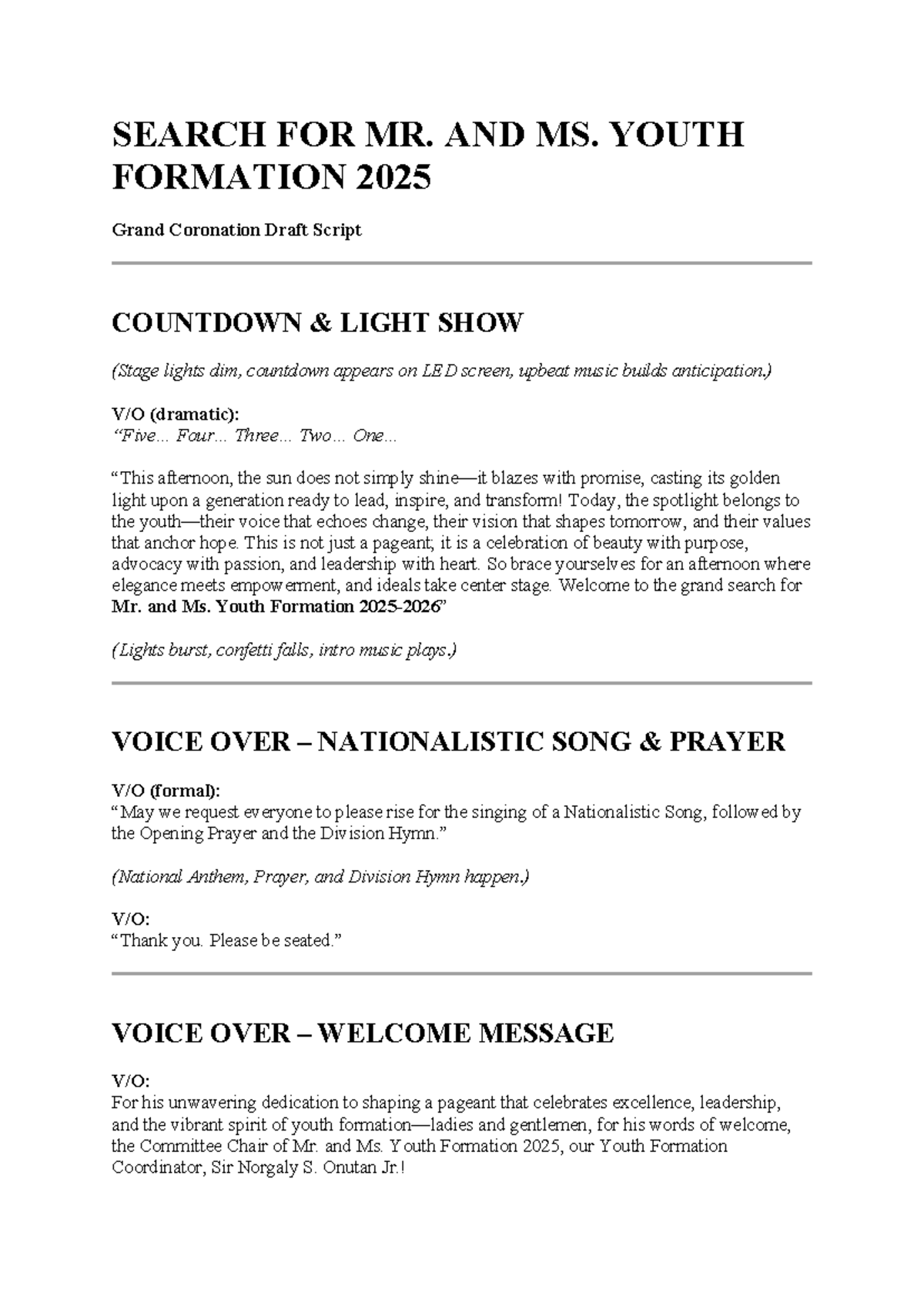 Mr. and Ms. Youth Formation 2025: Grand Coronation Script Notes - Studocu