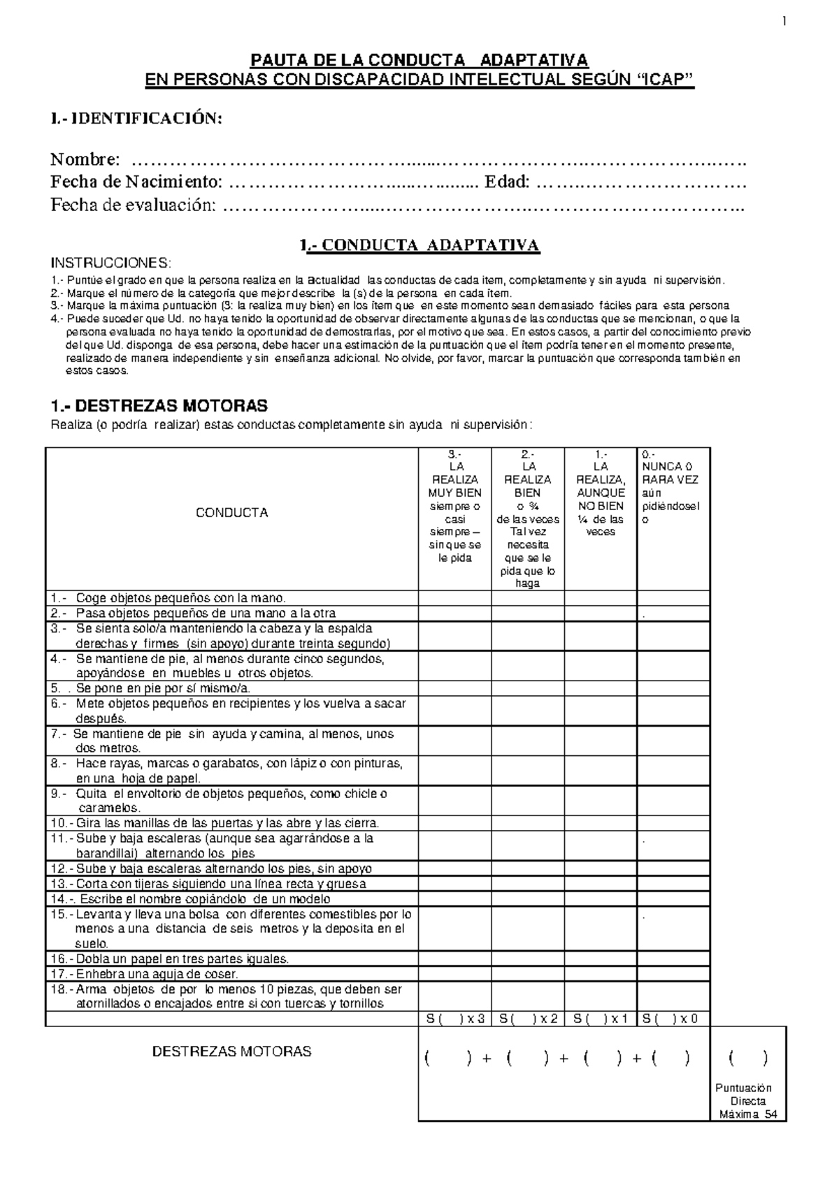 Pauta de Conducta Adaptativa (ICAP) - Evaluación de Habilidades Motoras y Sociales - Document Preview