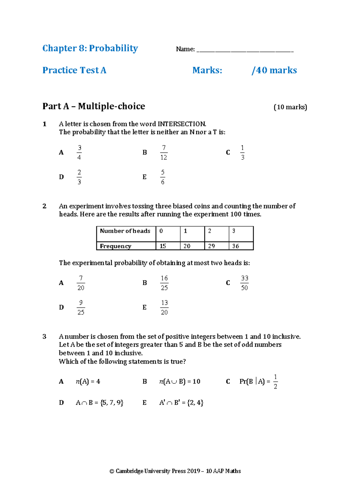 Chapter Test 08A: Probability Practice Questions and Solutions - Studocu