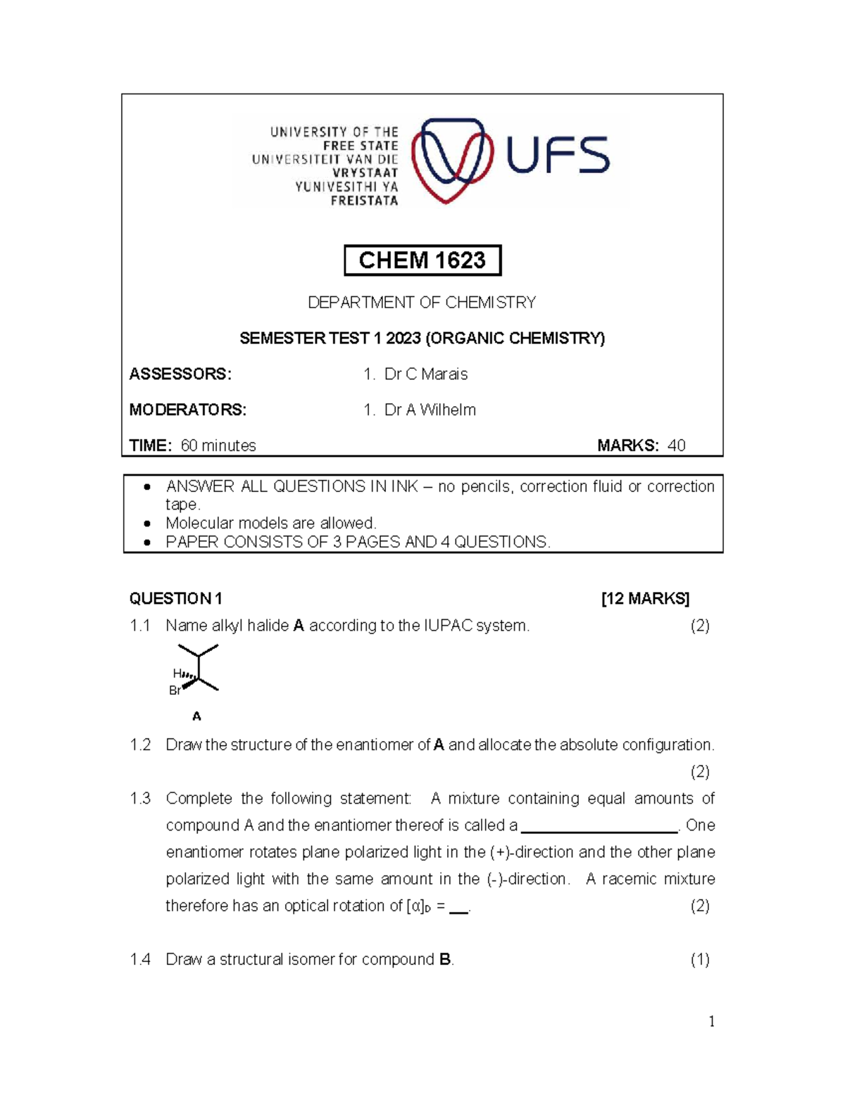 CHEM 1623c Organic Chemistry Semester Test 1 2023 - Test Paper - Studocu
