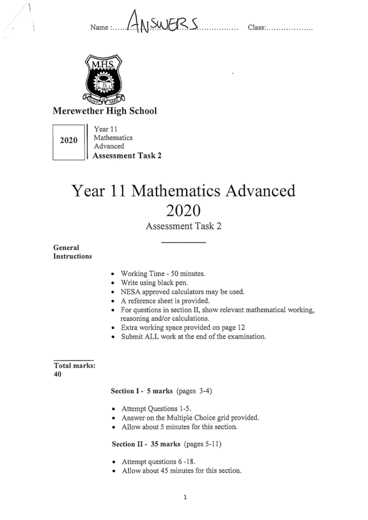 2016 HSC Mathematics Reference Sheet: Extension 1 & 2 - Studocu