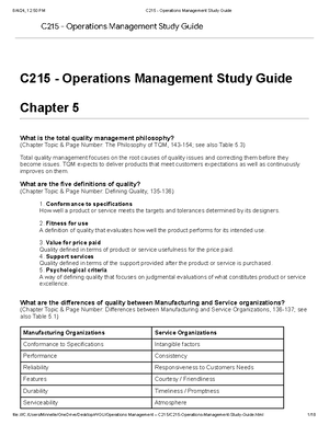 Operations Management Quizzes - Quiz 5 A chart used in TQM that ...