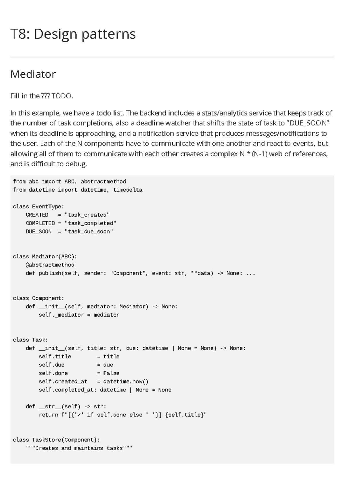 T8: Design Patterns - Mediator Pattern Implementation Notes - Studocu