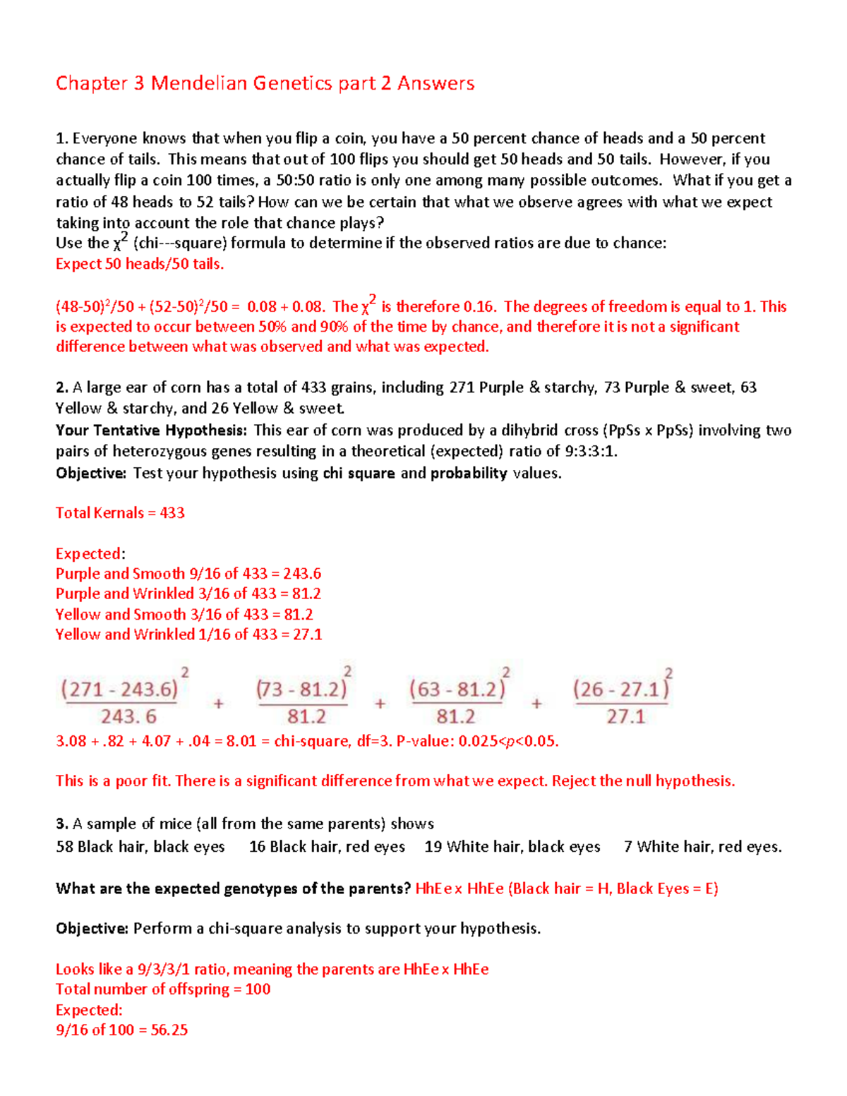 Mendelian Genetics Chi-Square Analysis: Chapter 3 Answers & Evaluations ...