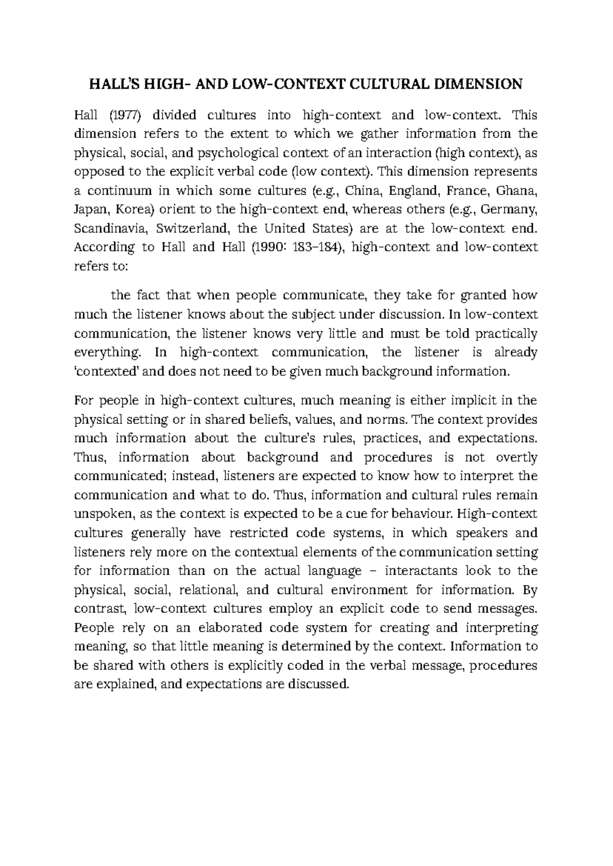 HALL 1977: High- and Low-Context Cultural Dimension Analysis - Studocu