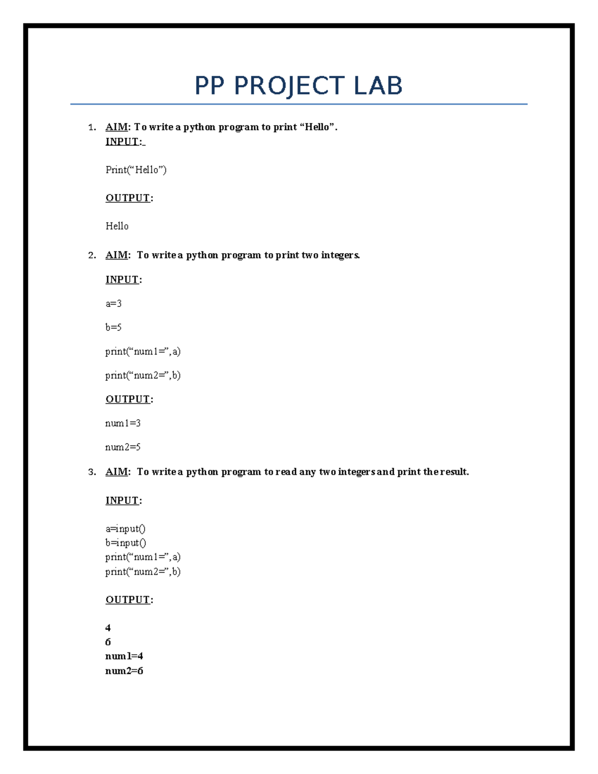 PP PROJECT LAB 1: Python Programming Exercises and Outputs - Studocu