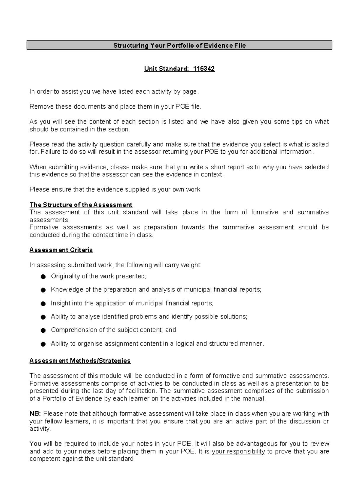 Portfolio of Evidence Guide for US 116342: Structuring Your Evidence ...